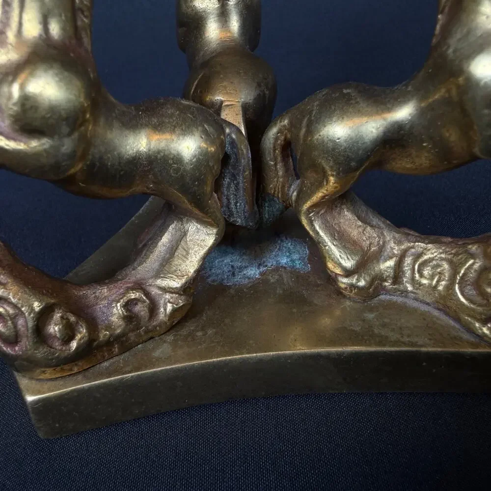 Vintage Brass Triple Unicorn Figurine Statue Horse Mythology Decor
